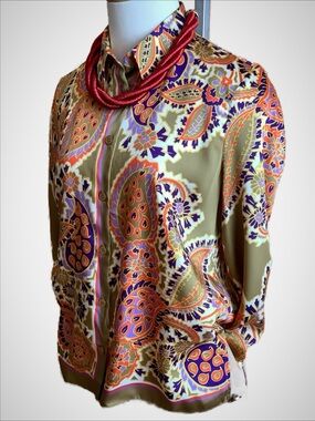 ZARA Paisley Print Satin Blouse Retro 70s Button Up Top Size M